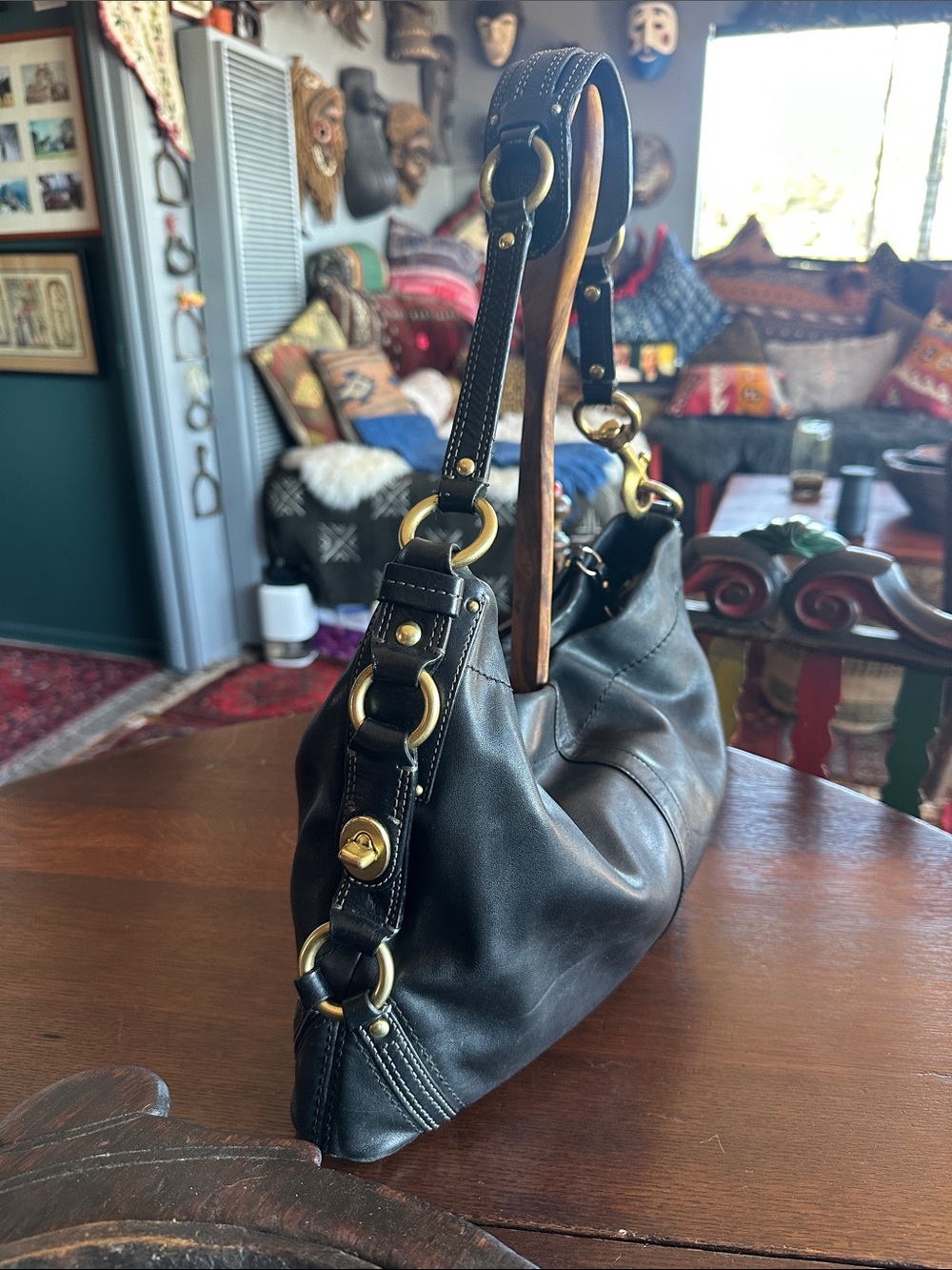 Coach CARLY Black Leather Hobo with lots of cool Brass Hardware. Elegant luxury - Picture 8 of 16